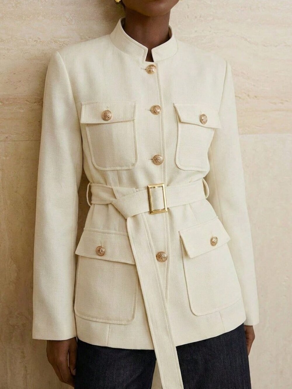 Apricot Casual Women's Utility Jacket Stand Collar Textured Metal Button Belt
